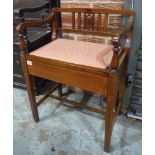 An early 20th Century line inlaid mahogany piano stool with lift up seat, width 55cm.