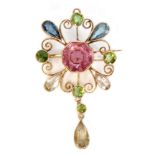 An early 20th Century 9ct rose gold and tourmaline pendant brooch,
