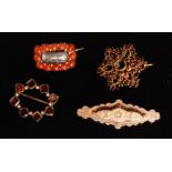 Four 19th Century brooches to include a coral set memorial example,