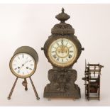 A late 19th Century American Ansonia mantle clock in gilt metal case together with a French barrel