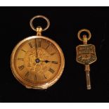 A Continental 18ct open faced key wind pocket watch with gilt metal foliate engraved dial,