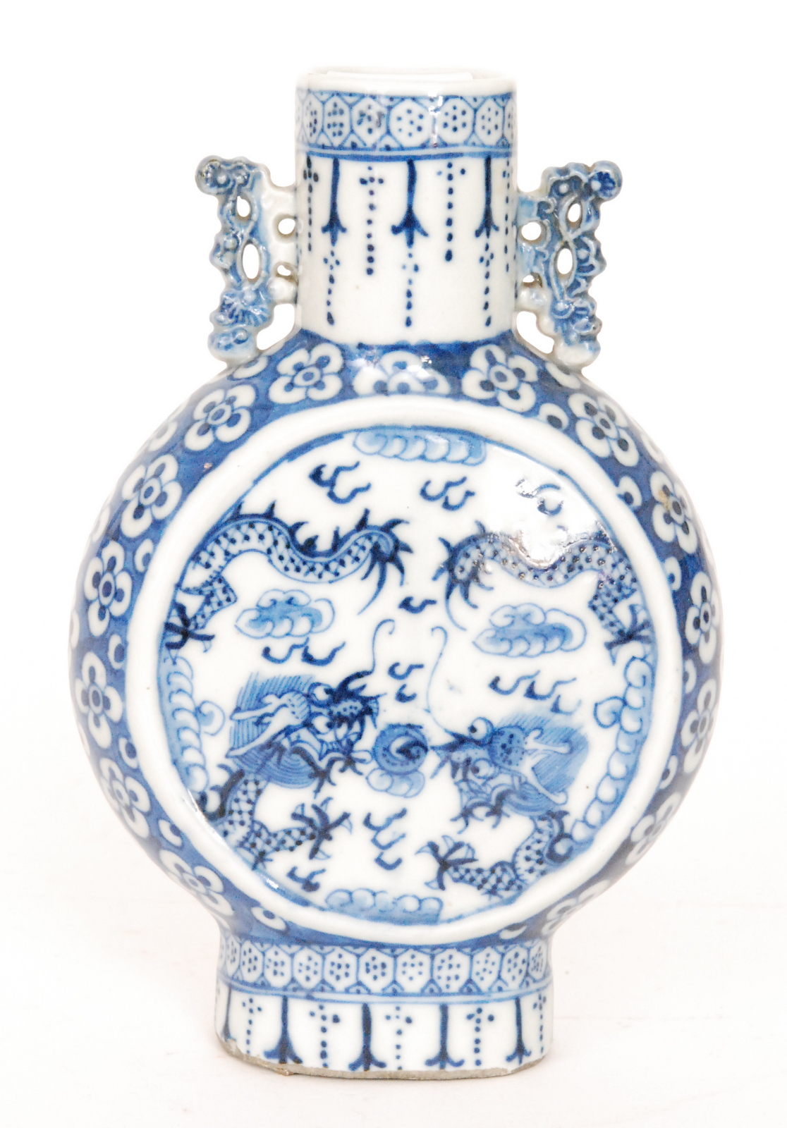 A 19th Century Chinese blue and white moon flask decorated with stylised dragons amidst clouds - Image 2 of 6