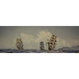 DAVID DEAKINS (CONTEMPORARY) - Three sailing ships at sea, oil on board, signed, framed, 29cm x 79.