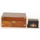 A Victorian figured walnut brass cornered writing slope together with an inlaid papier mache two