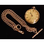 A Continental 18ct open faced key wind fob watch, Roman numerals to a gilt metal dial,