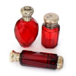 A Victorian gilt metal mounted ruby glass double ended scent bottle,