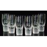 A set of six crystal glass shot glasses in the manner of Moser, of cylindrical footed form,