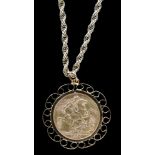 A Victorian 1890 full sovereign loose mounted to yellow metal chain.