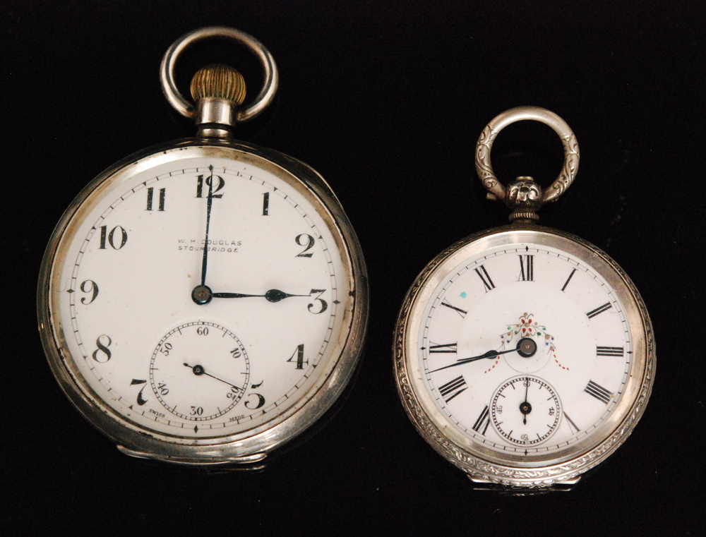 A Continental silver open face fob watch with white enamel dial and Arabic numerals W H Douglas,