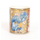A contemporary studio pottery mug by Stephen Bowers decorated with a central panel depicting a blue
