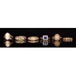 Five various 9ct dress rings to include a quartz, cameo, and sapphire half eternity,