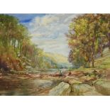 MICHAEL CRAWLEY (CONTEMPORARY) - 'Fly fishing, River Wye, Derbyshire', gouache, signed, framed,