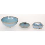 Three pieces of post war Chinese studio pottery comprising a footed bowl,