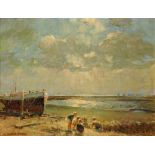 HARRY FRECKLETON (1890-1979) - Children playing on a beach, oil on board, signed, signed verso,