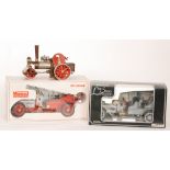 A Mamod live steam fire engine in red together with a grey painted limousine,