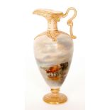 A Royal Worcester pedestal ewer panel decorated by Harry Stinton with Highland cattle on a mossy