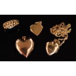 A rose gold locket, another 9ct yellow gold example, a 9ct locket and chain and a keeper style ring,