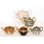 Five assorted 19th Century teapots to include a Spode example decorated in relief with classical