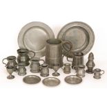 A 18th Century dished pewter plate together with various tankards and various gill measures (qty)