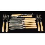 A set of six hallmarked silver and bone handled fish knives and forks of plain form, Sheffield 1890,