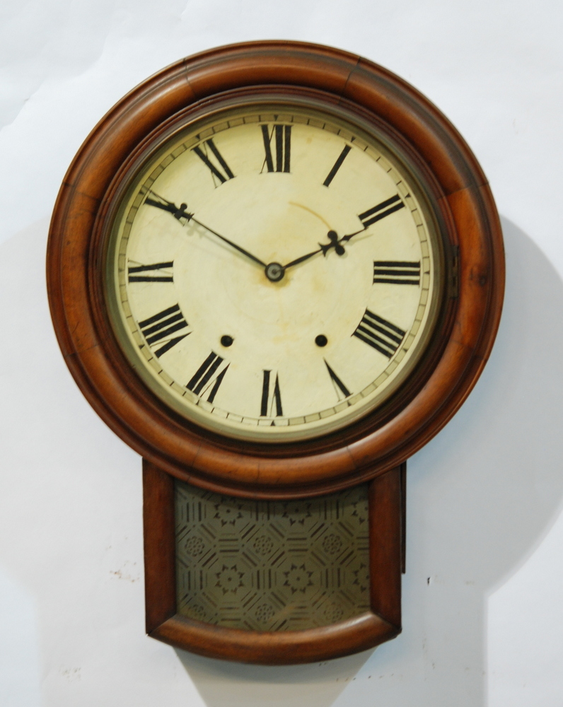 A late 19th Century mahogany drop dial wall clock, with over-painted dial, height 57cm.