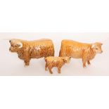 A Beswick Highland cattle group comprising Bull model 2008, Cow model 1740 S/D and Calf model 1827D,