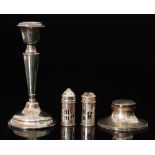 Four items of assorted hallmarked silver, a cylindrical salt and pepper,