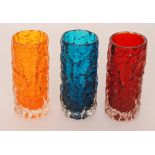 Three Geoffrey Baxter for Whitefriars Textured range cylindrical bark vases,