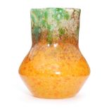 A 1930s Monart shape CD glass vase of ovoid form rising to the square column neck in a graduated