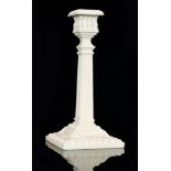 A late 19th Century Sowerby Queens Ivory pressed glass candlestick the square foot rising to