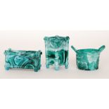 Three pieces of 19th Century Sowerby green marbled pressed glass comprising a square section vase