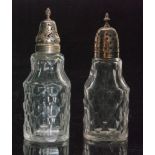 A near pair of late 18th Century clear crystal glass sugar dredgers of shouldered cylindrical form
