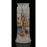 A late 19th Century French enamel vase in the manner of Legras of sleeve form with everted rim,