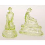 A pair of late 19th Century Northern Counties pressed glass figures on oval beaded bases rising to