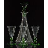 A 1930s Stuart & Sons Art Deco clear crystal glass decanter of conical form with collar neck and