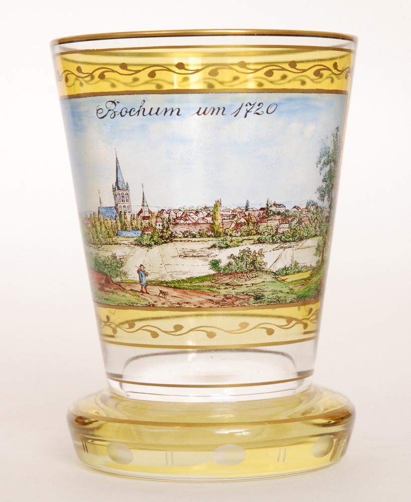 A 20th Century German spa beaker decorated with large transparency painting of a view of Bochum as