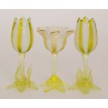 A late 19th Century Stourbridge glass posy vase garniture in the form of a stylised tulips with two