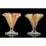 A pair of late 19th Century Stourbridge glass posy vases of flared trumpet form with pink and white