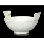 A 19th Century Sowerby Queens Ivory pressed glass twin handled Queens Ivory 'New Bowl' with relief