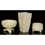 Three pieces of 19th Century Queen's Ivory pressed glass comprising a Sowerby table salt raised to