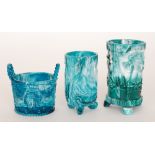Three pieces of 19th Century green marbled pressed glass comprising a Sowerby twin handled basket