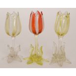 A group of three late 19th Century Stourbridge glass posy vases in the form of stylised tulips,