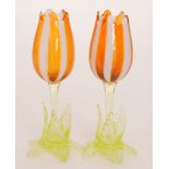 A pair of late 19th Century Stourbridge glass posy vases in the form of stylised tulips,