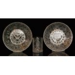 Three pieces of 19th Century Henry Greener pressed glass comprising a pair of dishes with George
