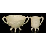 A late 19th Century Sowerby Queens Ivory pressed glass twin handled sugar bowl of footed form to