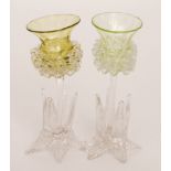A near pair of late 19th Century Stourbridge glass posy vases in the form of a stylised thistle,
