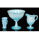 A 19th Century blue marbled pressed glass pedestal sugar bowl and cream jug each with a moulded