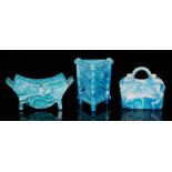 A trio of late 19th Century Sowerby blue malachite pressed glass comprising a posy basket of