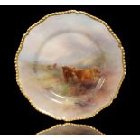 A Royal Worcester cabinet plate decorated by Harry Stinton with Highland cattle in a mossy