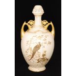 A large late 19th Century Royal Worcester blush ivory twin handled shape 1200 vase decorated with